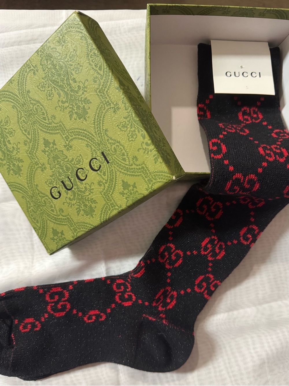 Black long Socks w/Red GG iconic logo print. New in Damask Gucci Box - See Notes - Picture 3 of 9